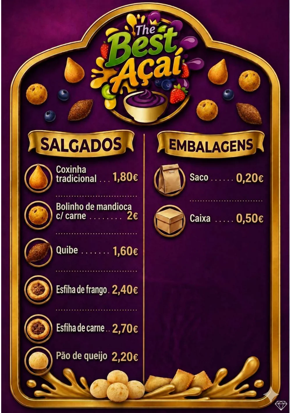 Menu The Best Açaí — Salgados brasileiros e embalagens com preços